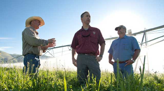 Leadore Rancher Merrill Beyeler talks with agency officials after installing a pivot sprinkler on his ranch. Beyeler has converted to sprinkler irrigation to leave more water in the river and tributary streams for fish. (Photo by Mark Gamba)