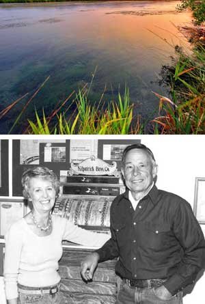Sharon and Nick Purdy at the Silver Creek store in Picabo. Above, Silver Creek at sunset. Silver Creek is an integral part of the ranch and the Purdy’s life. (Courtesy The Nature Conservancy