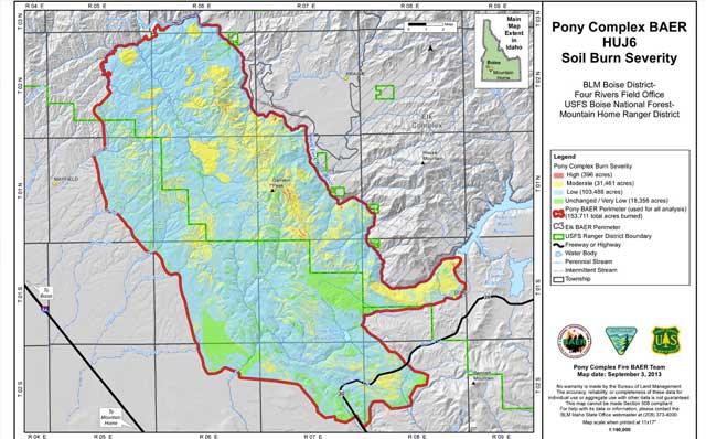 The soil burn severity in the Pony Complex fire on BLM and Forest Service land was primarily low to moderate, and on the Elk Complex fire, the soil burn severity was more severe on Forest Service lands.