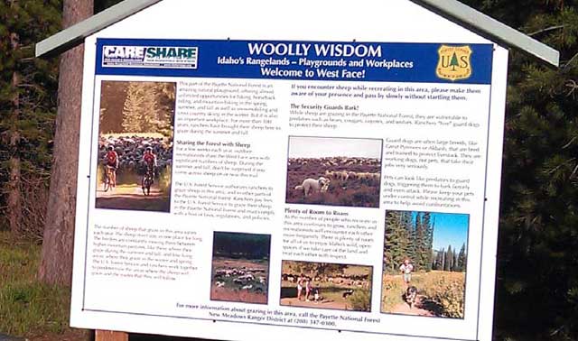 Care & Share signage gives recreationists tips on how to act around guard dogs and domestic sheep herds in the Payette National Forest near McCall.